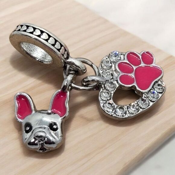 Bulldog Dog Mom 🐾 Pet Love Charm Bracelet Charms Rhinestone Paw Print Dangle - Picture 1 of 6